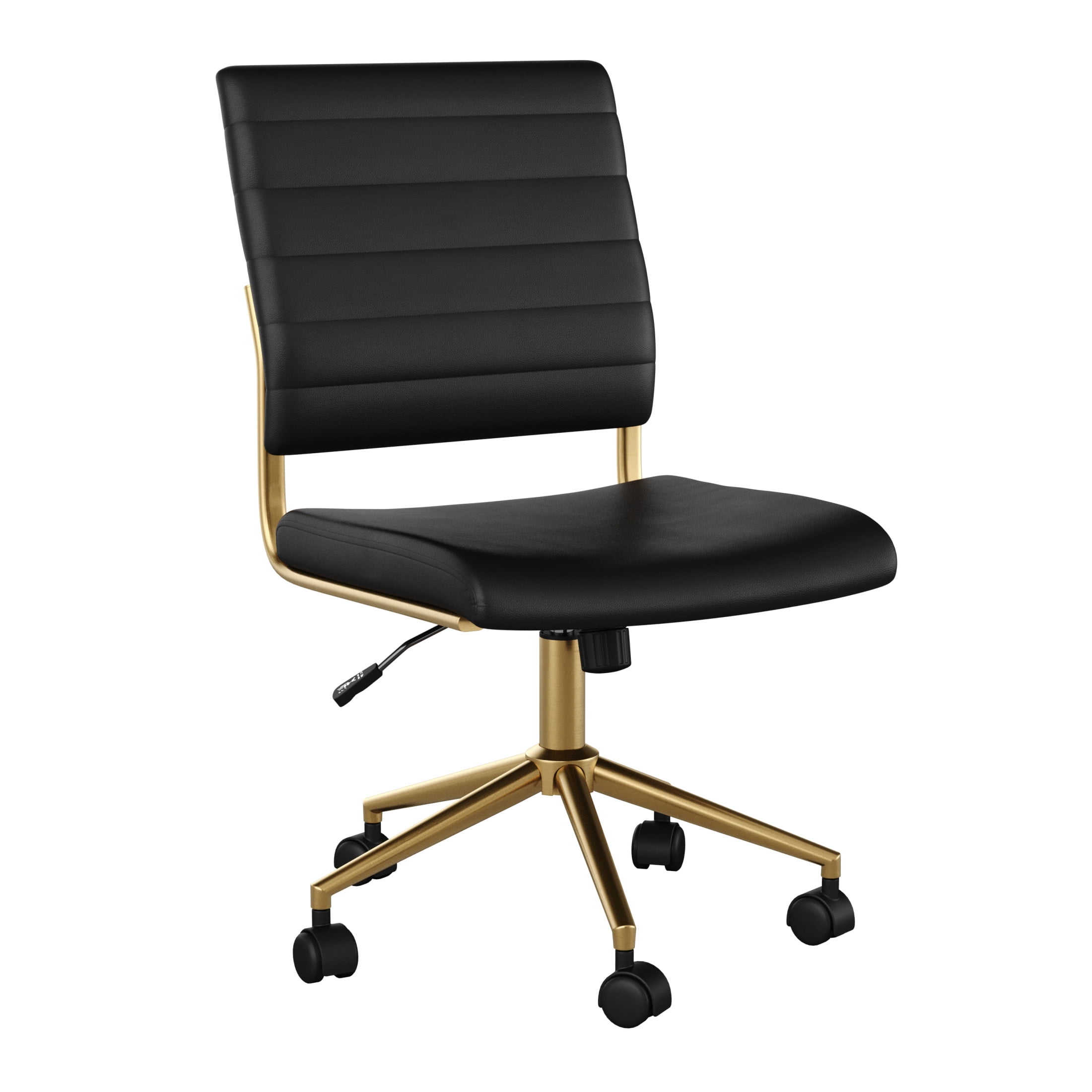 Black Faux Leather Armless Swivel Office Chair with Brass Frame