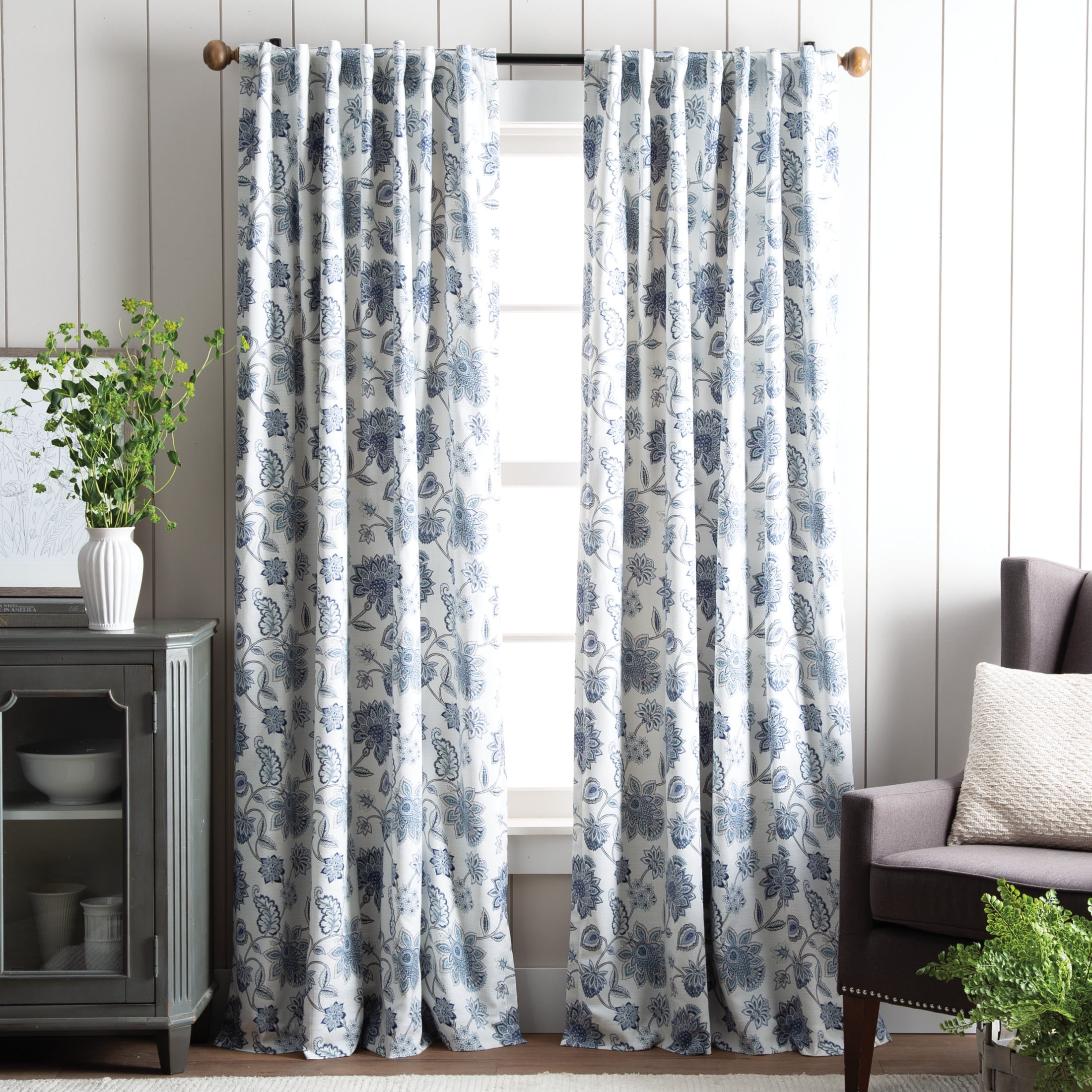 Indigo Floral Blackout Cotton Blend Curtain Panels, 50" x 95"