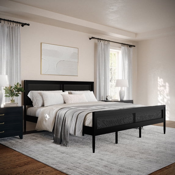 Martha Stewart Jax King Size Solid Wood Platform Bed with Rattan Headboard and Footboard, No Box Spring Required, Black