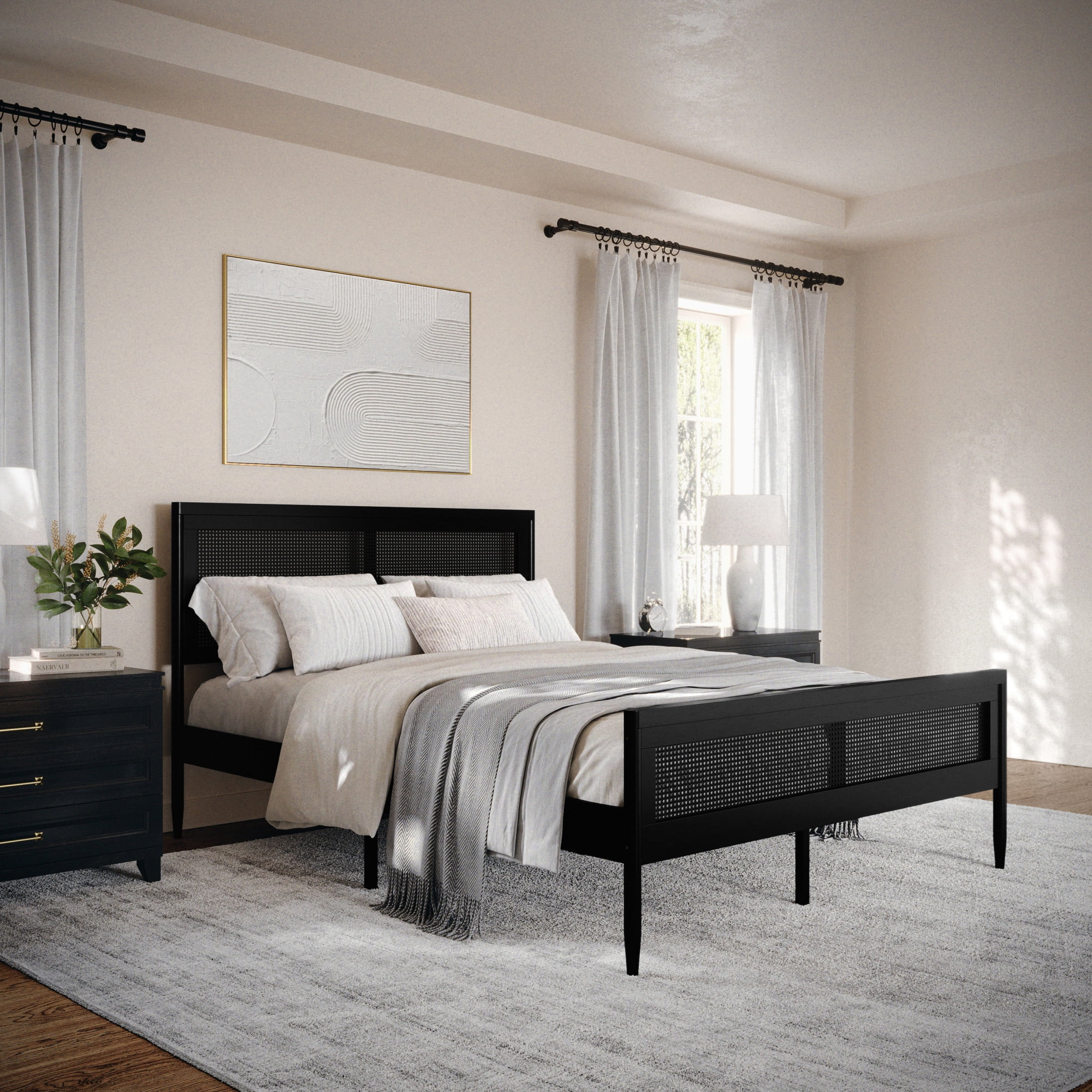 Black Queen Size Wood Platform Bed with Rattan Headboard and Footboard