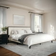 thumbnail image 1 of Martha Stewart Jett King Size Solid Wood Platform Bed with Upholstered Base and Inset Paneled Headboard, Wood Slat Bottom, No Box Spring Needed, Dark Brown/Beige, 1 of 11