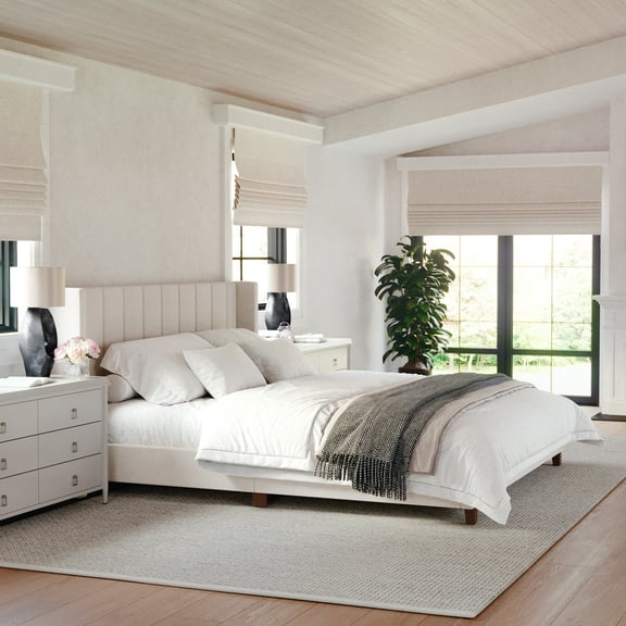 Martha Stewart Kay King Upholstered Platform Bed with Channel Stitched Wingback Headboard and Cushioned Siderails, Wood Slat Foundation, No Box Spring Needed, Beige