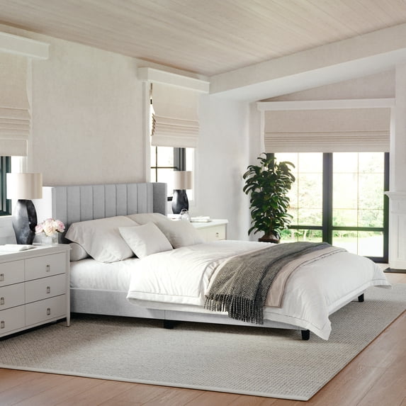 Martha Stewart Kay King Upholstered Platform Bed with Channel Stitched Wingback Headboard and Cushioned Siderails, Wood Slat Foundation, No Box Spring Needed, Gray