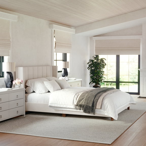 Martha Stewart Kay Queen Upholstered Platform Bed with Channel Stitched Wingback Headboard and Cushioned Siderails, Wood Slat Foundation, No Box Spring Needed, Beige