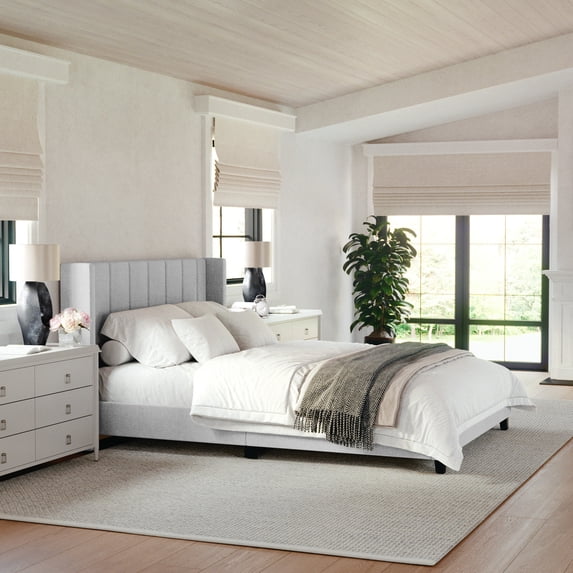 Martha Stewart Kay Queen Upholstered Platform Bed with Channel Stitched Wingback Headboard and Cushioned Siderails, Wood Slat Foundation, No Box Spring Needed, Gray