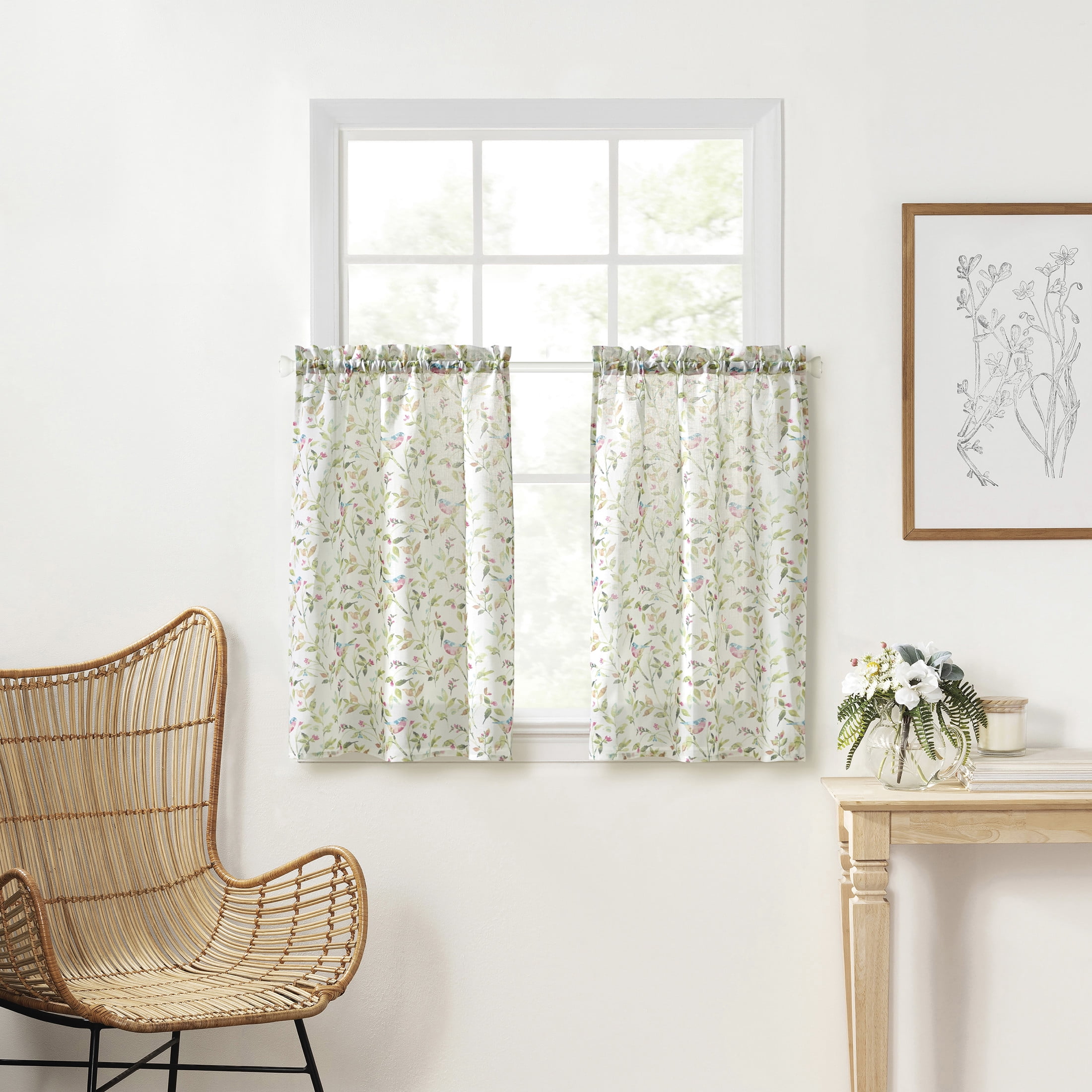 Martha Stewart Kensington Garden Print 36in Tier Set, Pink, Pole Top, Sheer, Indoor, Adult, 2 Piece Tier Set, 54 x 36