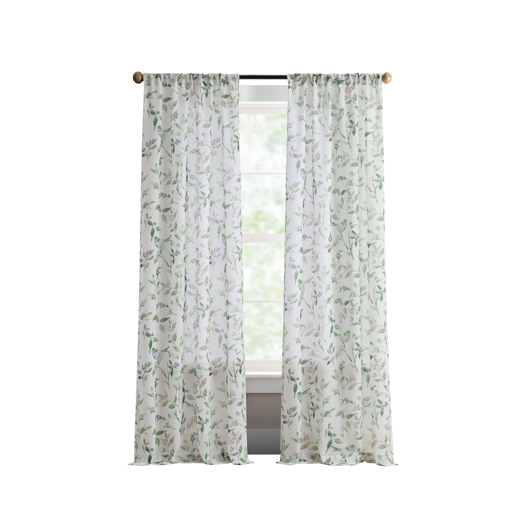 Forest Green Sheer Botanical Print Polyester Window Panels, 37in x 84in