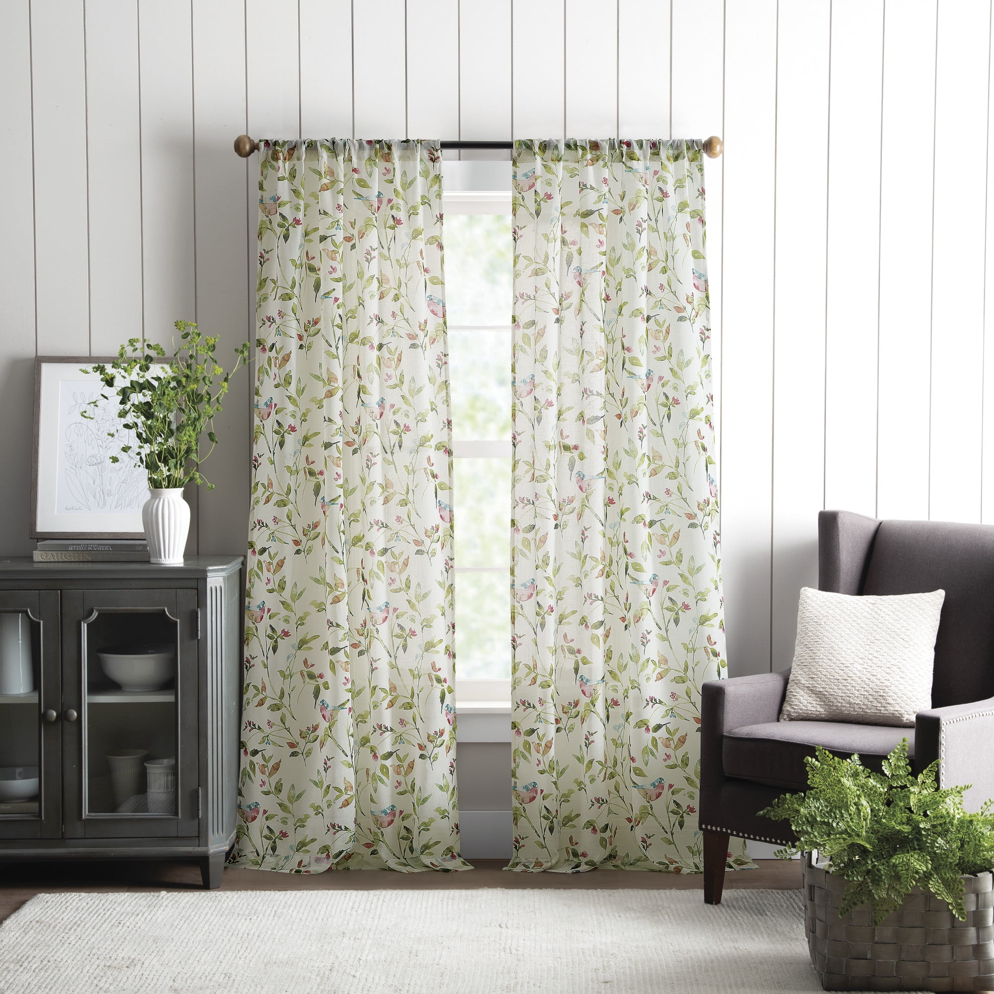 Martha Stewart Kensington Garden Print Curtain Panel Pair, Pink, Pole Top, Light Filtering, Indoor, Adult, 2 Piece Set, 37" x 84"