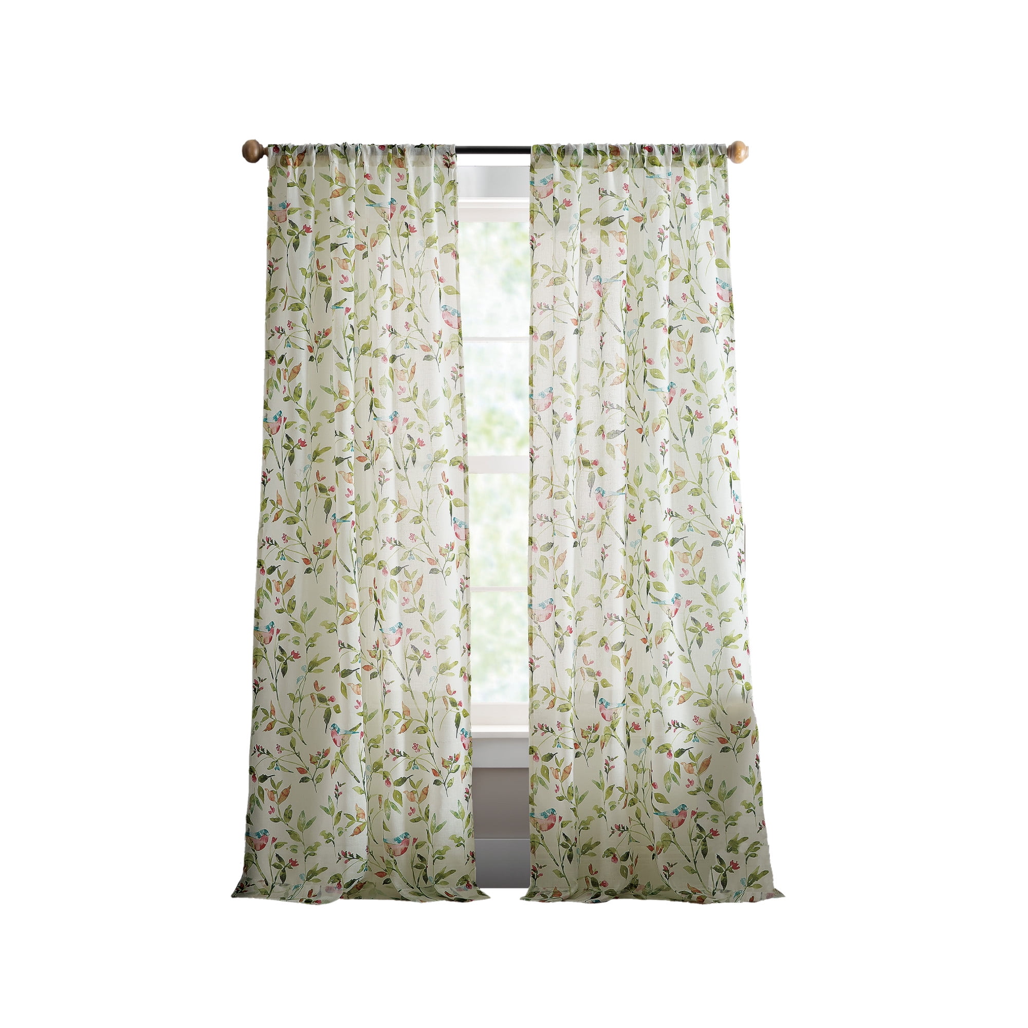 Pink Sheer Botanical Print Polyester Window Panel Pair
