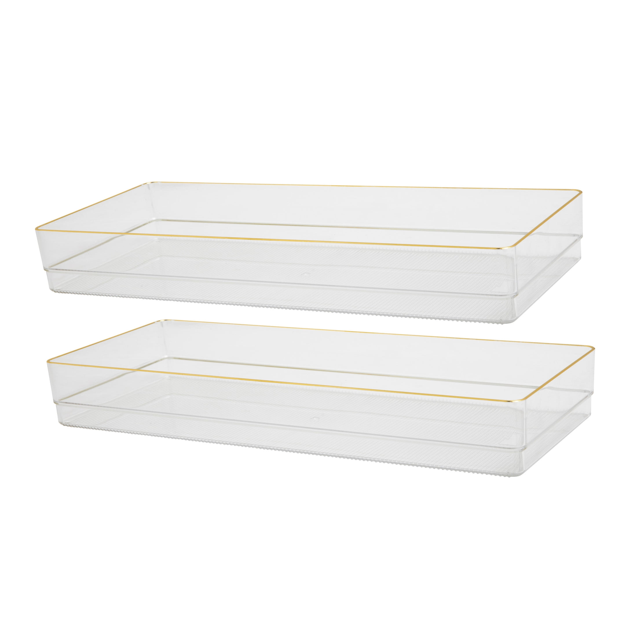 Martha Stewart Clear Plastic Stackable Desk Drawer Organizers with Gold Trim, 15" x 6", 2 Pack