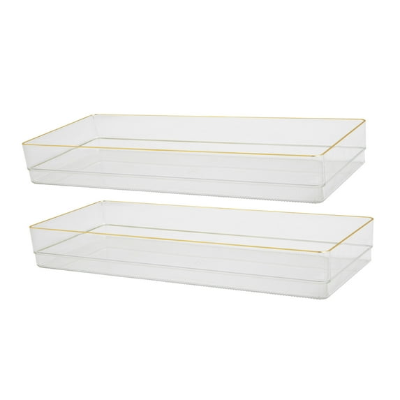 Martha Stewart Kerry 2 Pack Plastic Stackable Office Desk Drawer Organizers with Gold Trim, 15" x 6"