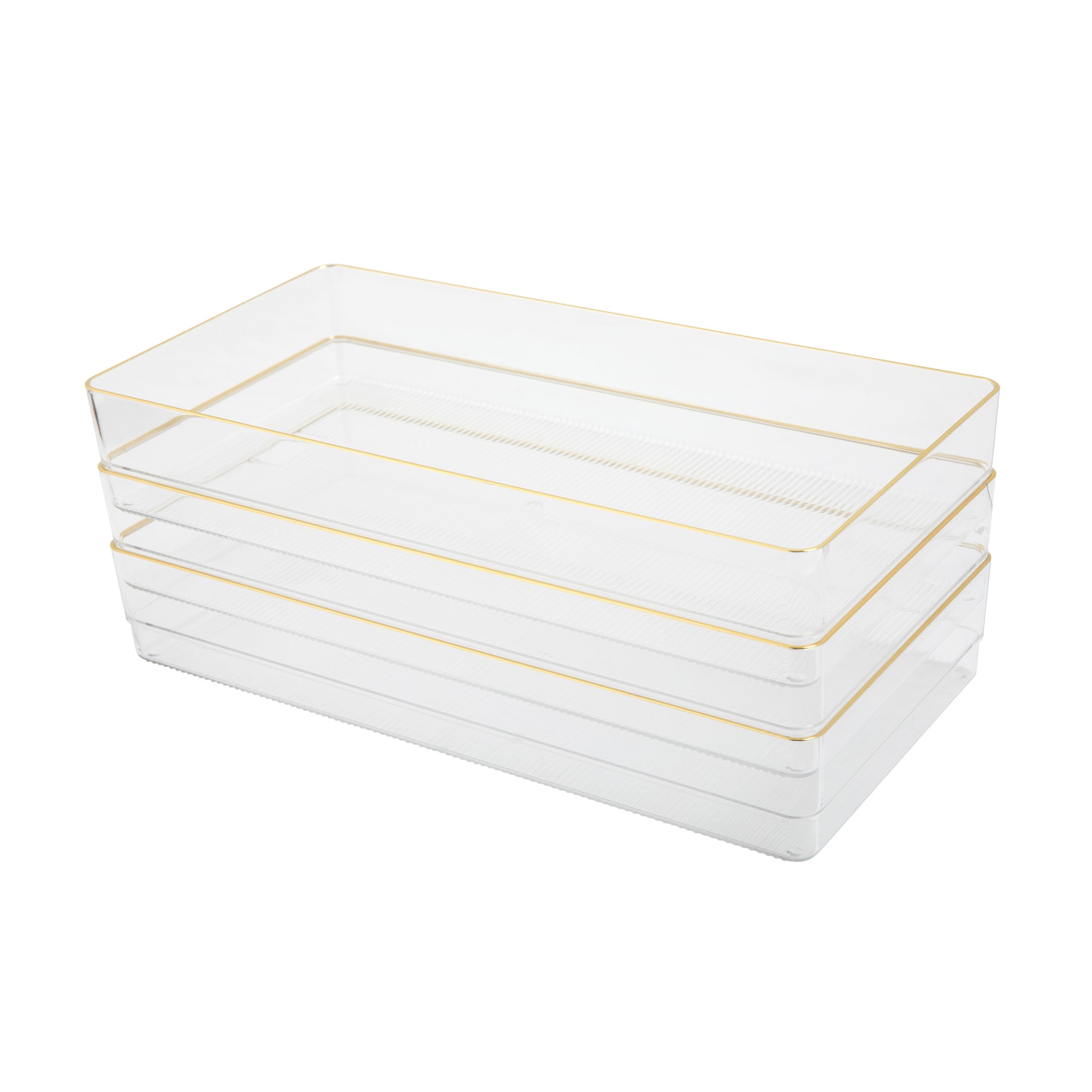 Clear Plastic Stackable Desk Drawer Organizers with Gold Trim, 12" x 6"