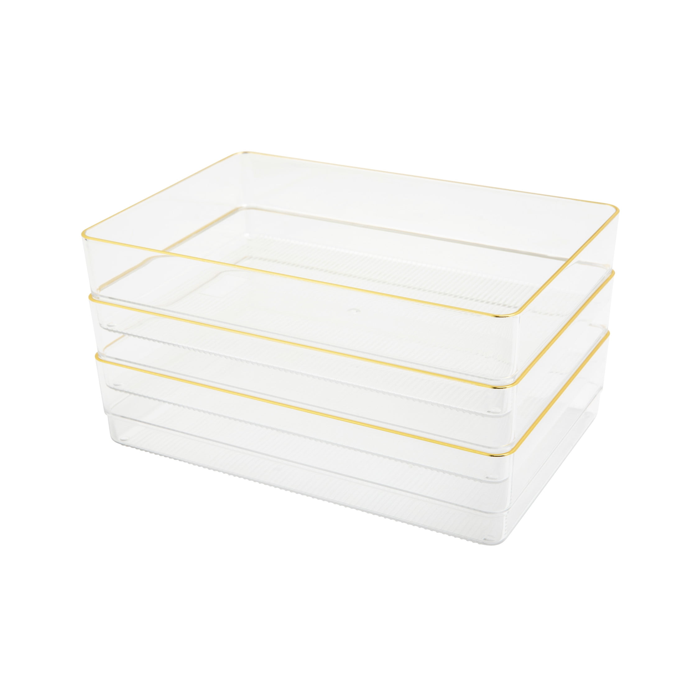 Clear Plastic Stackable Desk Drawer Organizers with Gold Trim, 9" x 6"