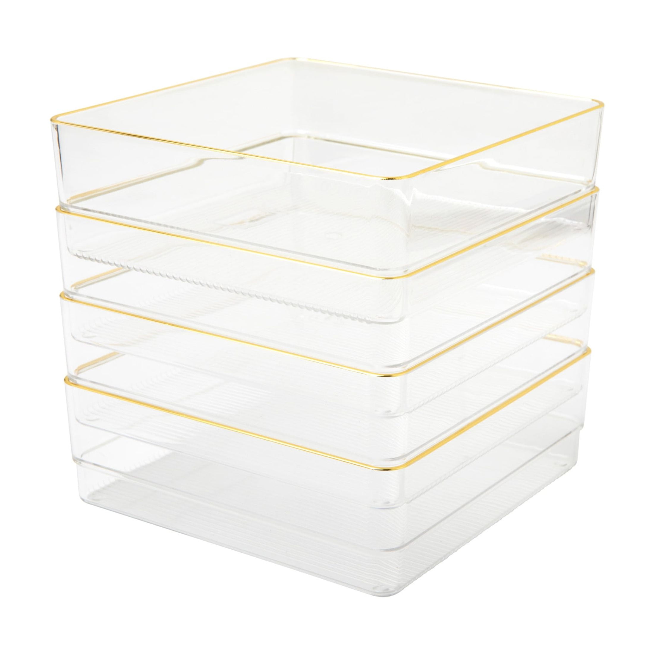 Clear Plastic Stackable Desk Drawer Organizers with Gold Trim, 6" x 6", 4 Pack