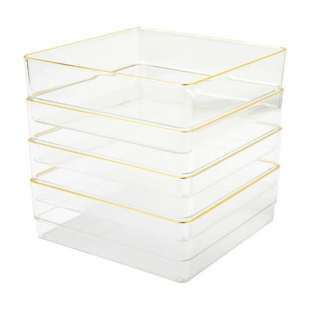 Martha Stewart - Kerry Set of 4 Plastic Stacking Desk Drawer Organizers with Gold Trim - 6 x 6 - Clear/Gold Trim