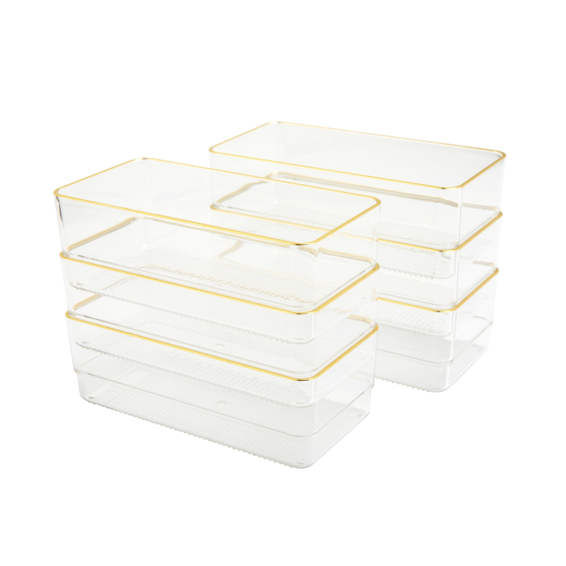 Clear Plastic Stackable Desk Drawer Organizers with Gold Trim, 6 Pack