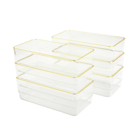 Martha Stewart Kerry 6 Pack Plastic Stackable Office Desk Drawer Organizers with Gold Trim, 6" x 3"