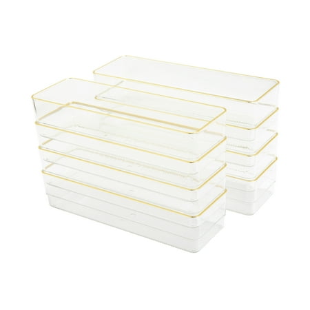 Martha Stewart - Kerry Set of 8 Plastic Stacking Desk Drawer Organizers with Gold Trim - 9 x 3 - Clear/Gold Trim