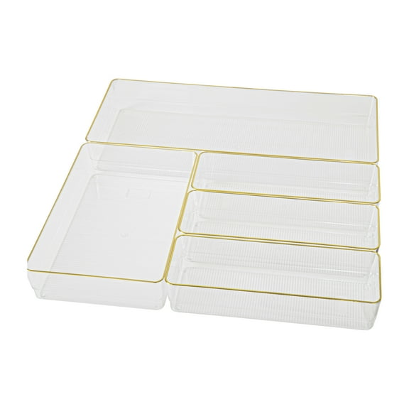 Martha Stewart Kerry Plastic Stackable Office Desk Drawer Organizers with Gold Trim, Various Sizes, Set of 5