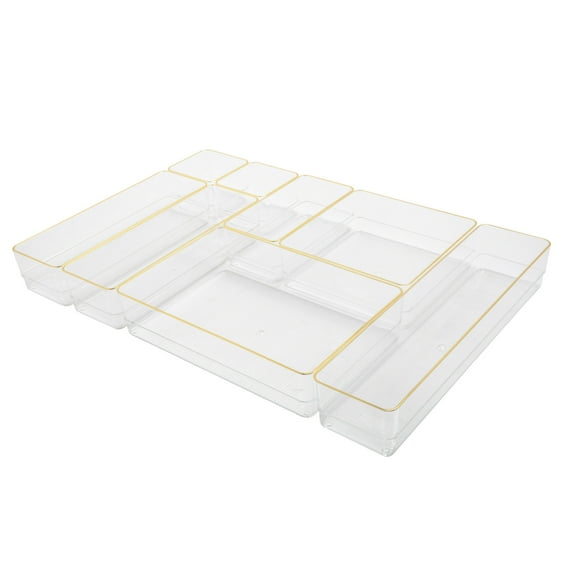 Martha Stewart Kerry Plastic Stackable Office Desk Drawer Organizers with Gold Trim, Various Sizes, Set of 8