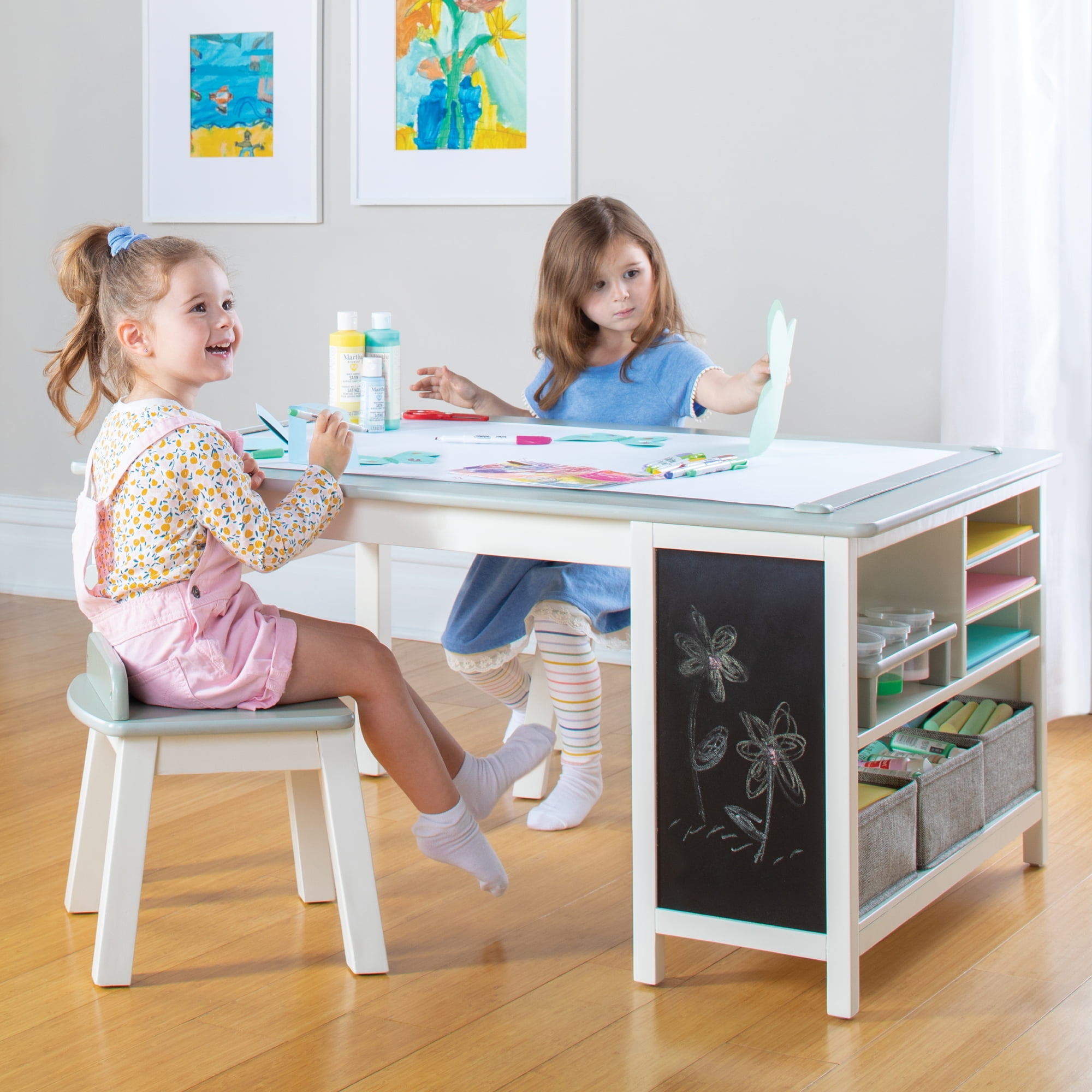 Martha Stewart Kids' Art Table and Stool Set - Creamy White: Wooden  Activity Desk for Drawing and Painting with Paper and Storage