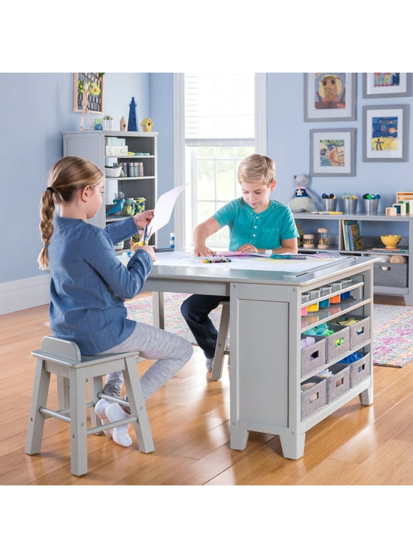 Martha Stewart Kids' Art Table and Stool Set- Gray: Wooden Drawing and Painting Desk with Storage Bin