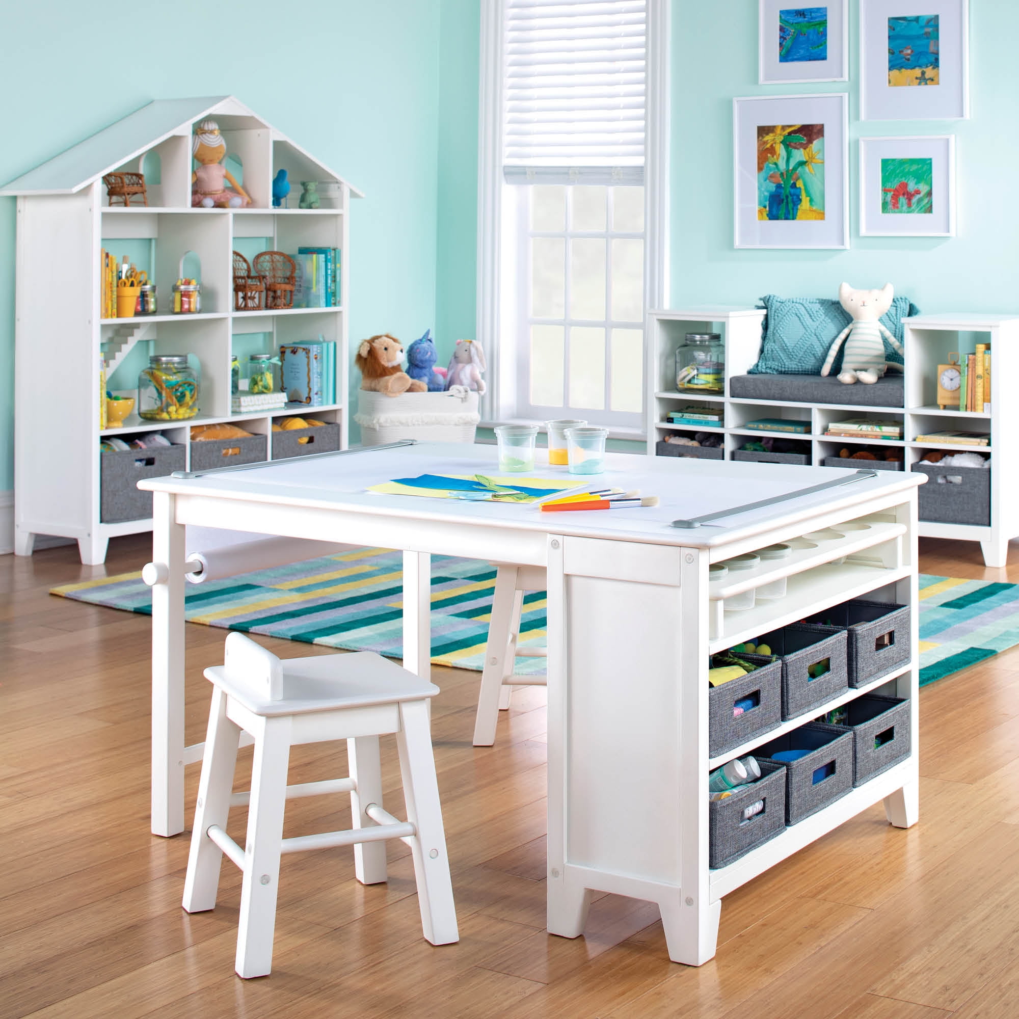 Creamy White Kids' Art Table and Stool Set with Storage