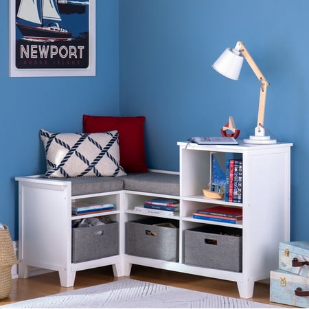 Martha Stewart Kids' Corner Reading Nook - Creamy White: Children's Bedroom Storage, Reading Bench with Cube Toy Storage Organizer
