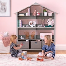 Martha Stewart Kids' Deluxe Dollhouse Bookshelf - Sharky Gray: Children's Wooden Bedroom Bookcase and Toy Organizer with Storage Bins