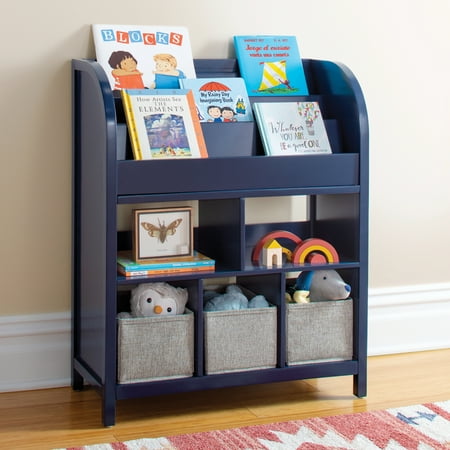 Martha Stewart Kids' Jr. Book and Bin Browser - Navy: Children's Wooden Bookshelf, Toddler Toy Storage with Bins and Book Display