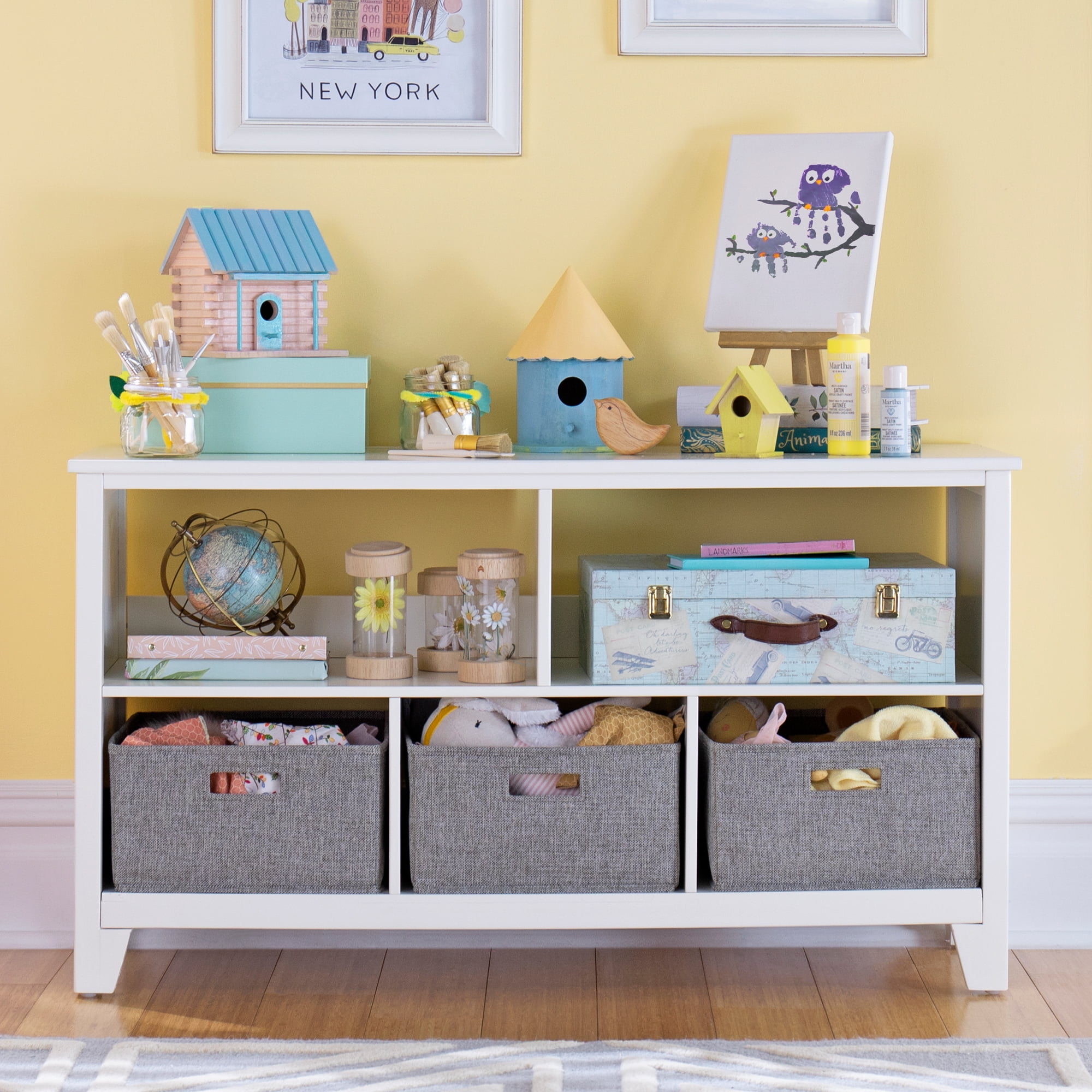 Creamy White Wooden Kids' Low Bookcase with Fabric Bins