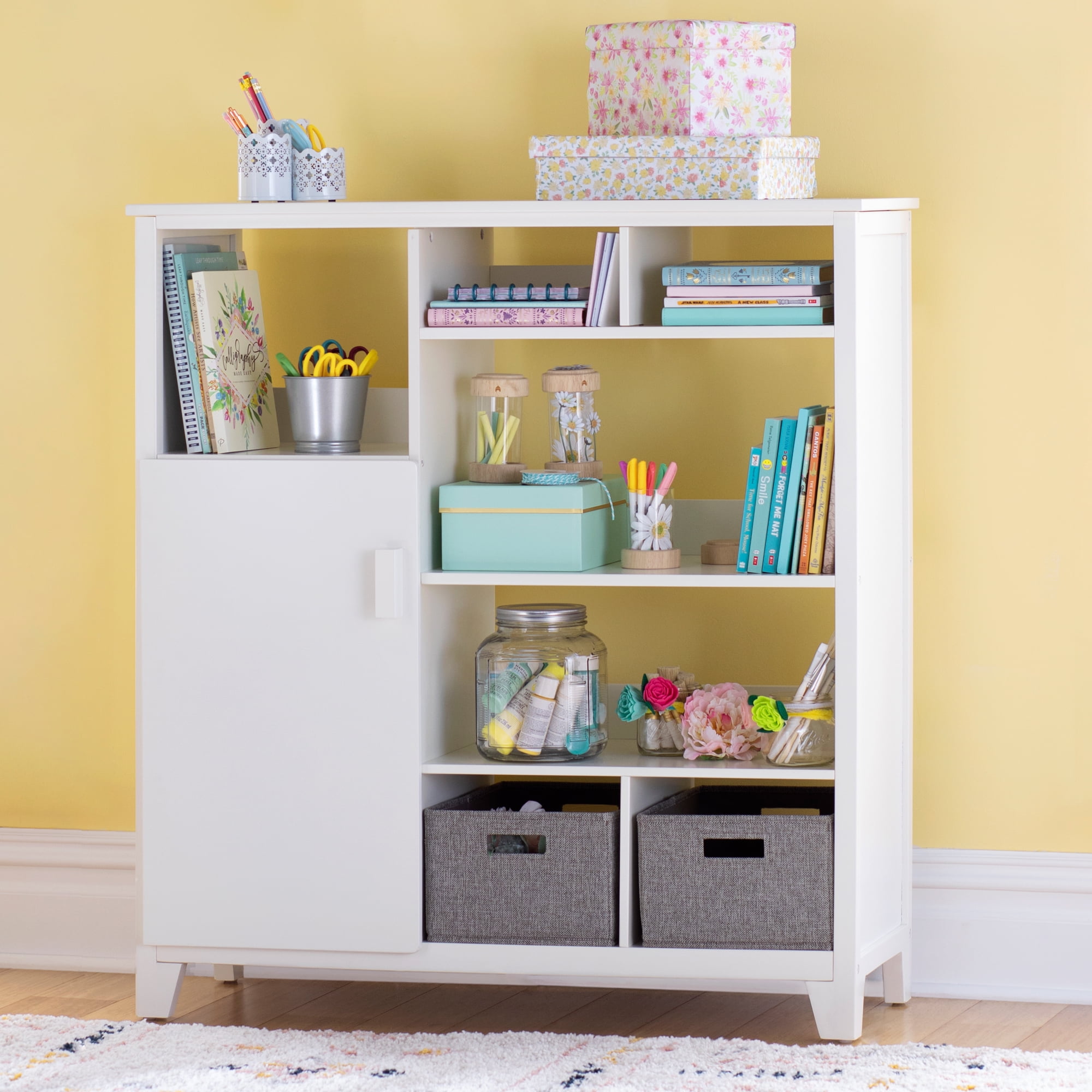 Creamy White Kids' Cubby Storage Organizer with Fabric Bins