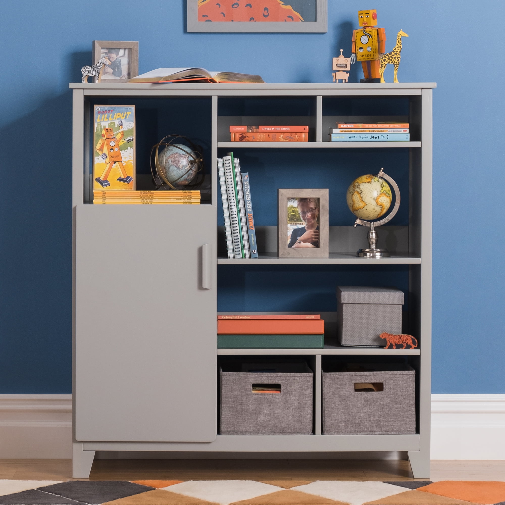 Gray Kids' Media Shelf with Fabric Bins and Cubby Cubes