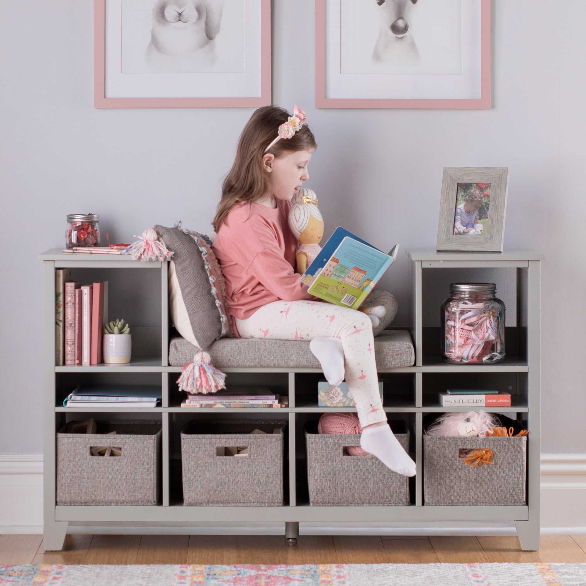 Gray Wooden Kids' Reading Nook with Storage Cubes