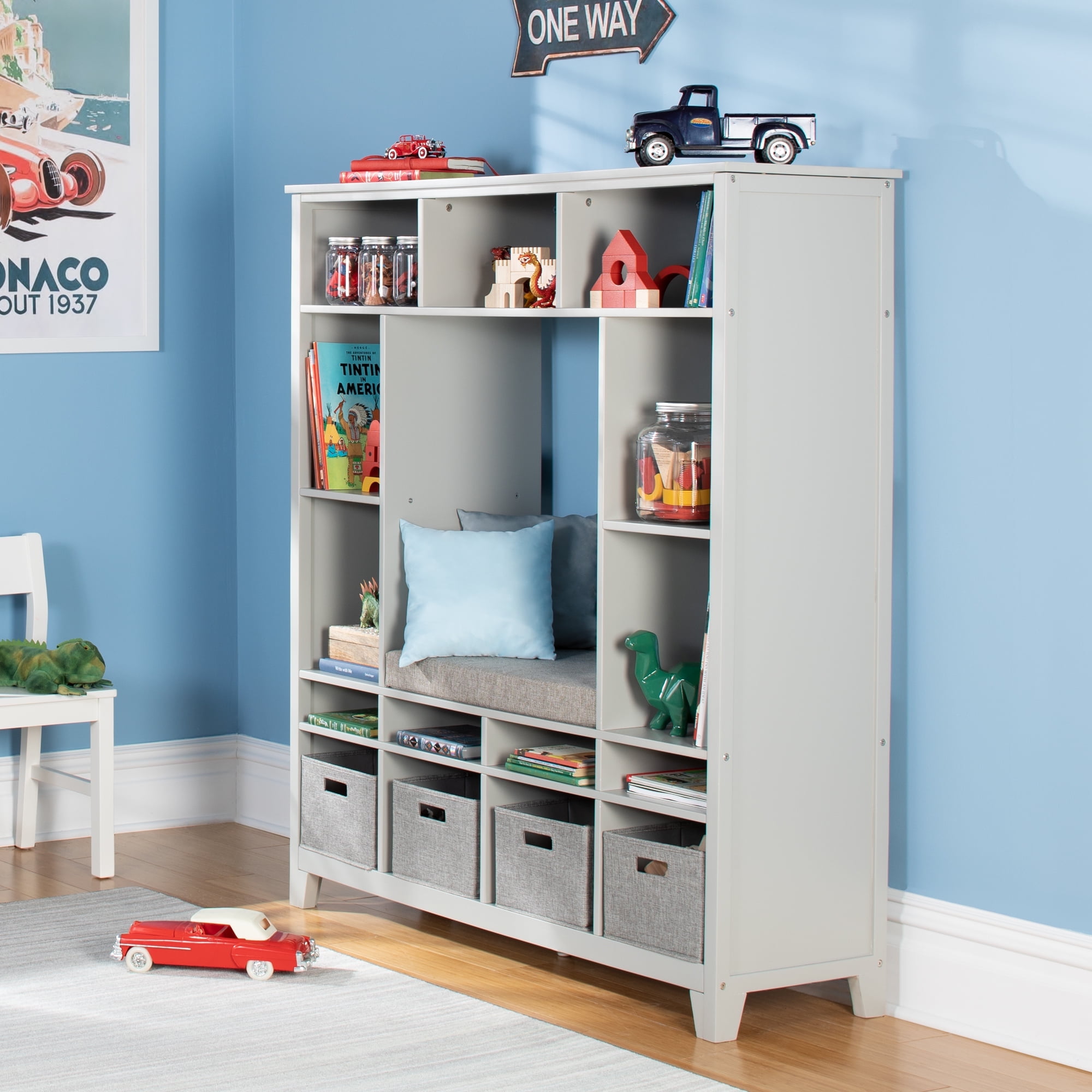 Gray Kids' Storage System with Cushioned Reading Nook and Fabric Bins
