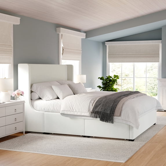 Martha Stewart King Upholstered Platform Bed with Wingback Headboard and 4 Side Storage Drawers, Wood Slat Foundation, No Box Spring Needed, Off-White