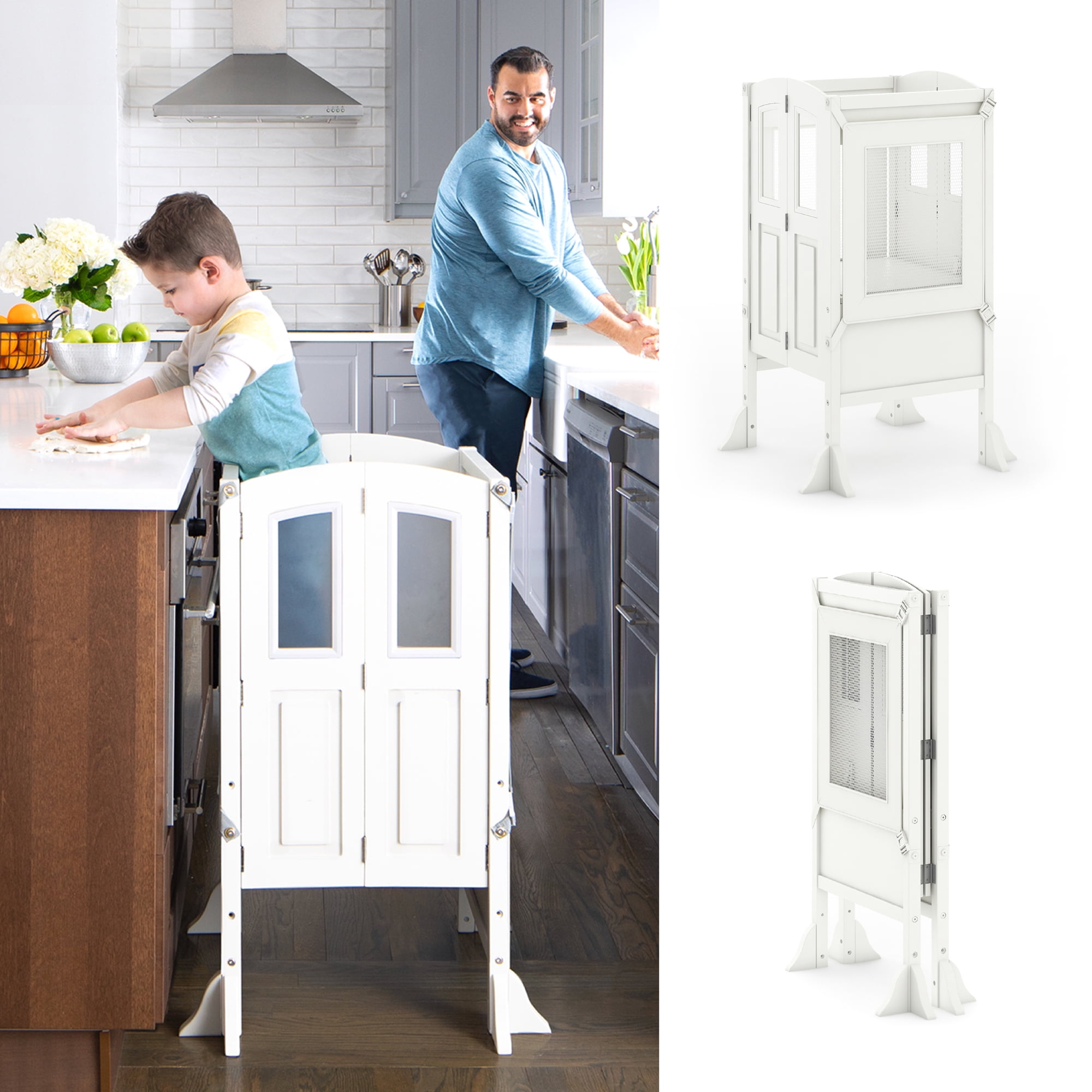 Martha Stewart Kitchen Helper by Guidecraft White Adjustable Wooden Step Stool Kids Folding Learning Toddler Tower w Non Slip Mat Walmart