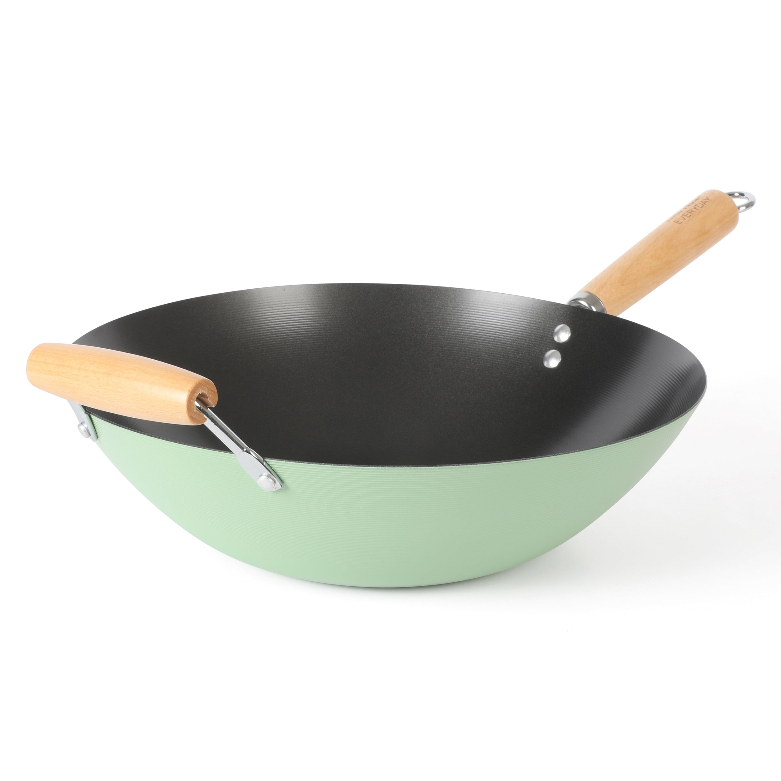 Sage Green Carbon Steel 14" Wok with Wooden Handles