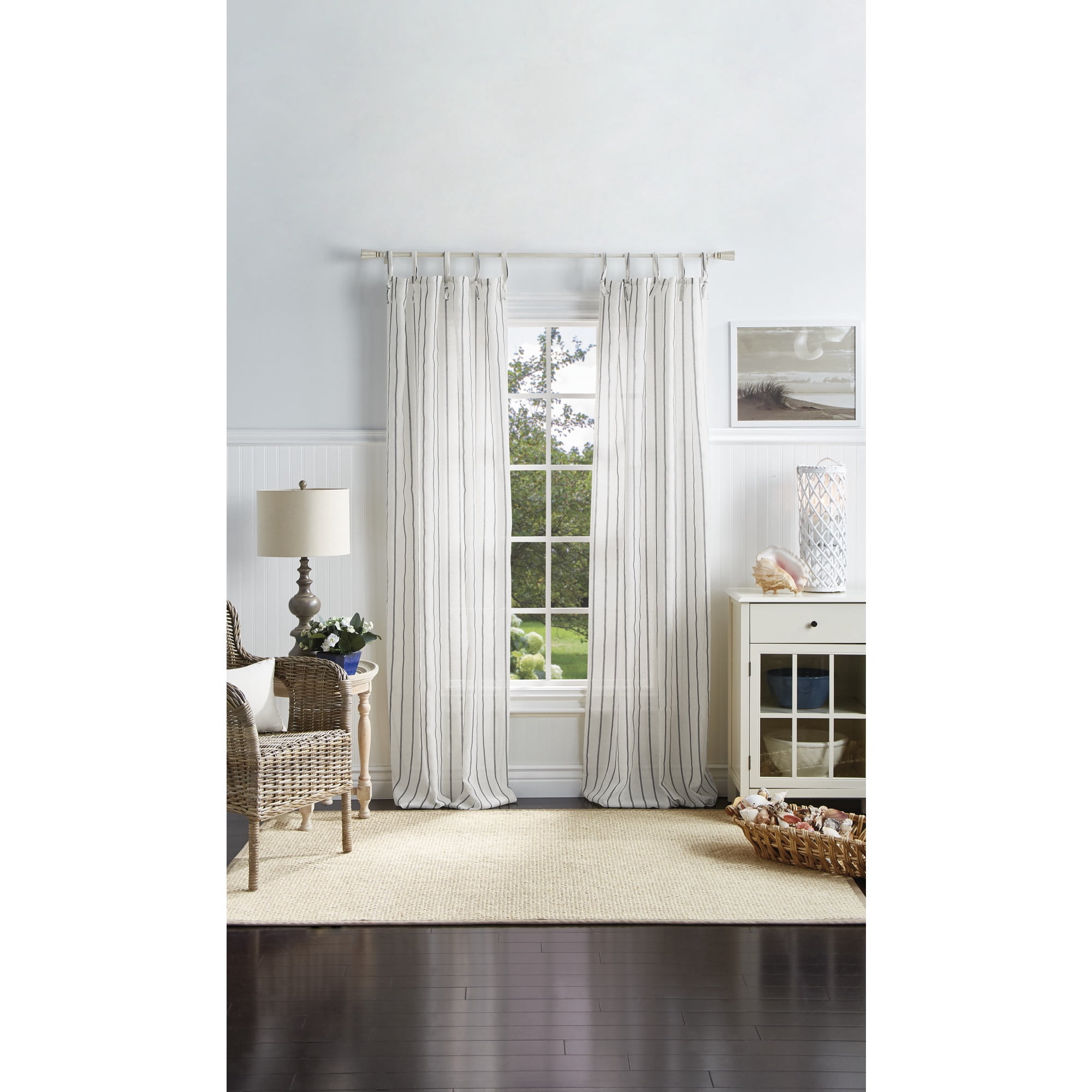 Martha Stewart Laguna Stripe Curtain Panel Pair, Gray, Tie Tab, Semi Sheer, Indoor, Adult, 2 Piece Set, 37"x 84"