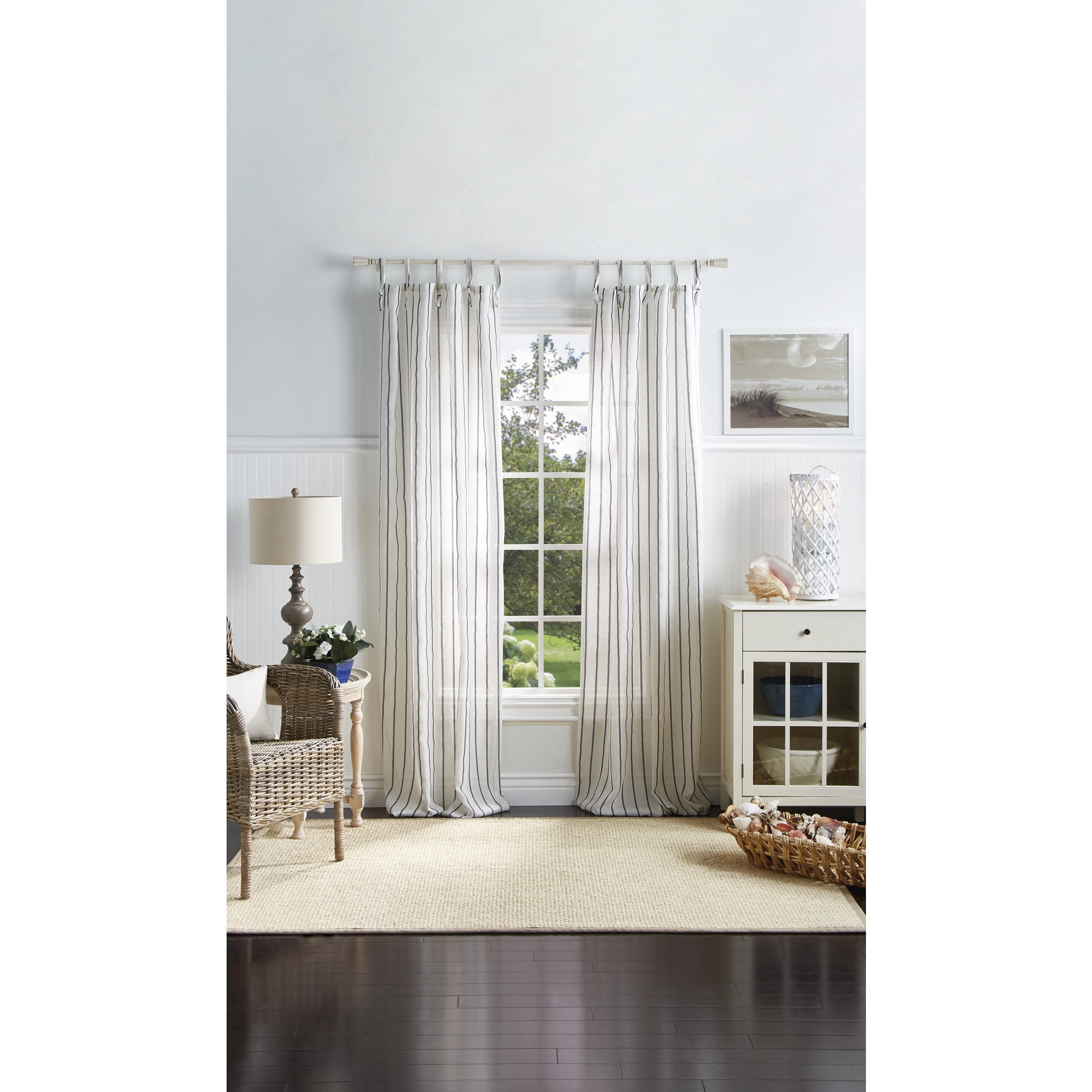 Martha Stewart Laguna Stripe Curatin Panel Pair, Navy, Tie Tab, Semi Sheer, Indoor, Adult, 2 Piece Set, 37" x 95"