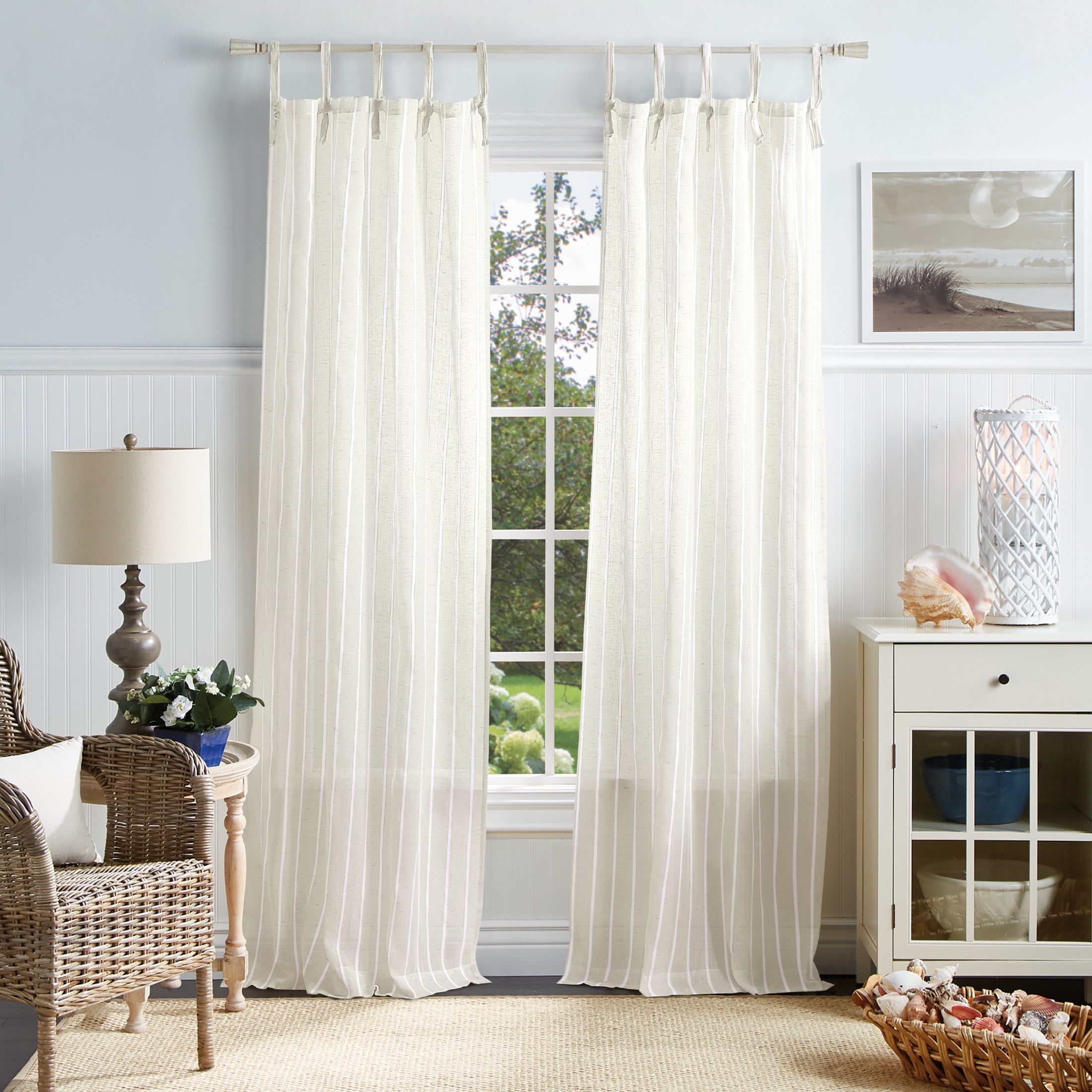 Martha Stewart Laguna Stripe 37X95 Semi Sheer Curtain Panel Pair Tietab,  Gray, Adult