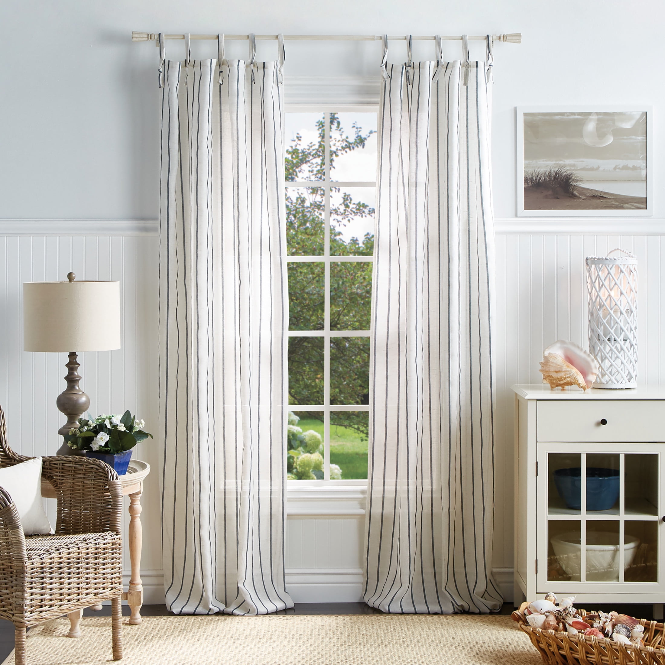 Martha Stewart Laguna Stripe Curtain Panel Pair, Navy, Tie Tab, Semi Sheer, Indoor, Adult, 2 Piece Set, 37"x 95"