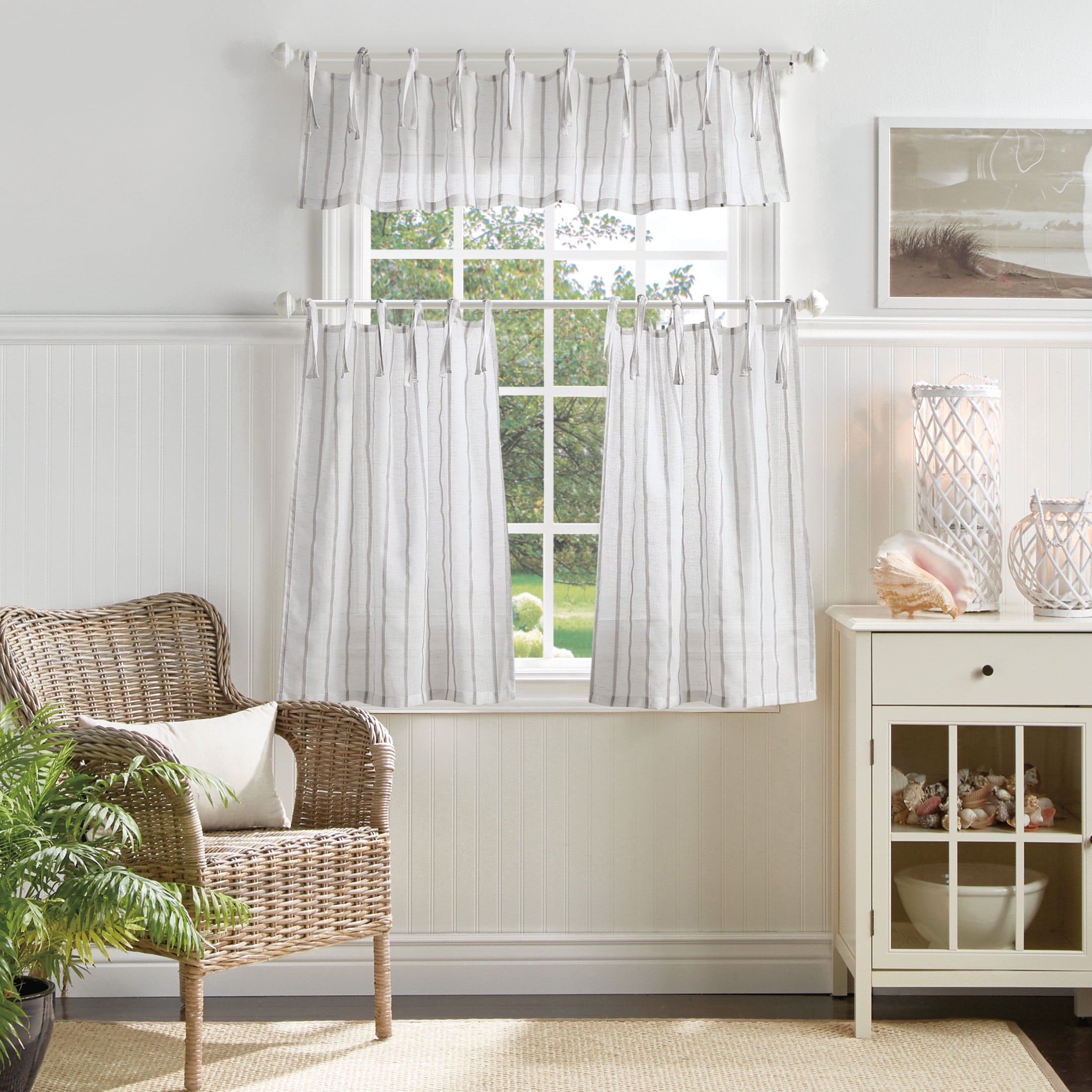 Mocha Stripe Polyester Light Filtering Tie Tab Valance and Tier Set, 56" x 36"