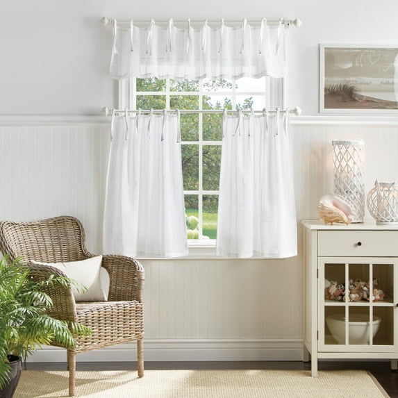 Martha Stewart Laguna Stripe Valance and Tier 3-Piece Set , White , Indoor Valance: 54"W x 14"L Tiers: 27"W x 36"L , Polyester, Light Filtering, Tie Tab, Adult