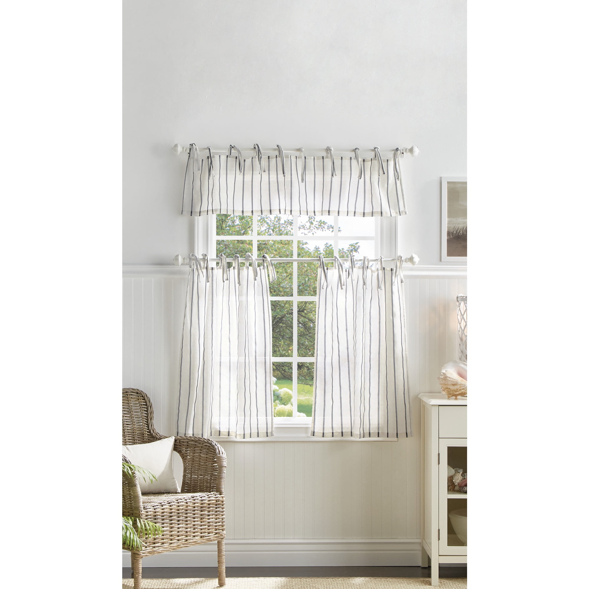 Martha Stewart Laguna Stripe 3 Piece Valance & Tier Set, Gray, Tie Tab, Semi Sheer, Indoor, Adult, Valance: 54" x 14", Tiers: 27" x 36"