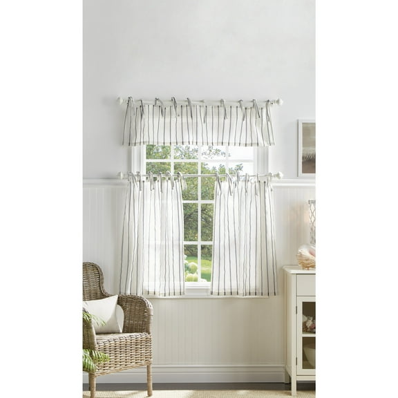 Martha Stewart Laguna Stripe, Valance & Tiers 3-Piece Set, Gray Indoor Curtain, Polyester, Valance: 54"W x 14"L Tiers: 27"W x 36"L Adult