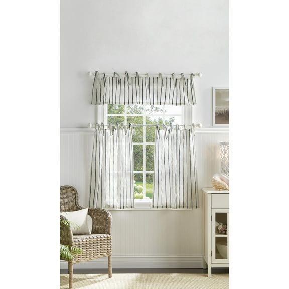 Martha Stewart Laguna Stripe, Valance & Tiers 3-Piece Set, Navy Indoor Curtain, Polyester, Valance: 54"W x 14"L Tiers: 27"W x 36"L, Adult