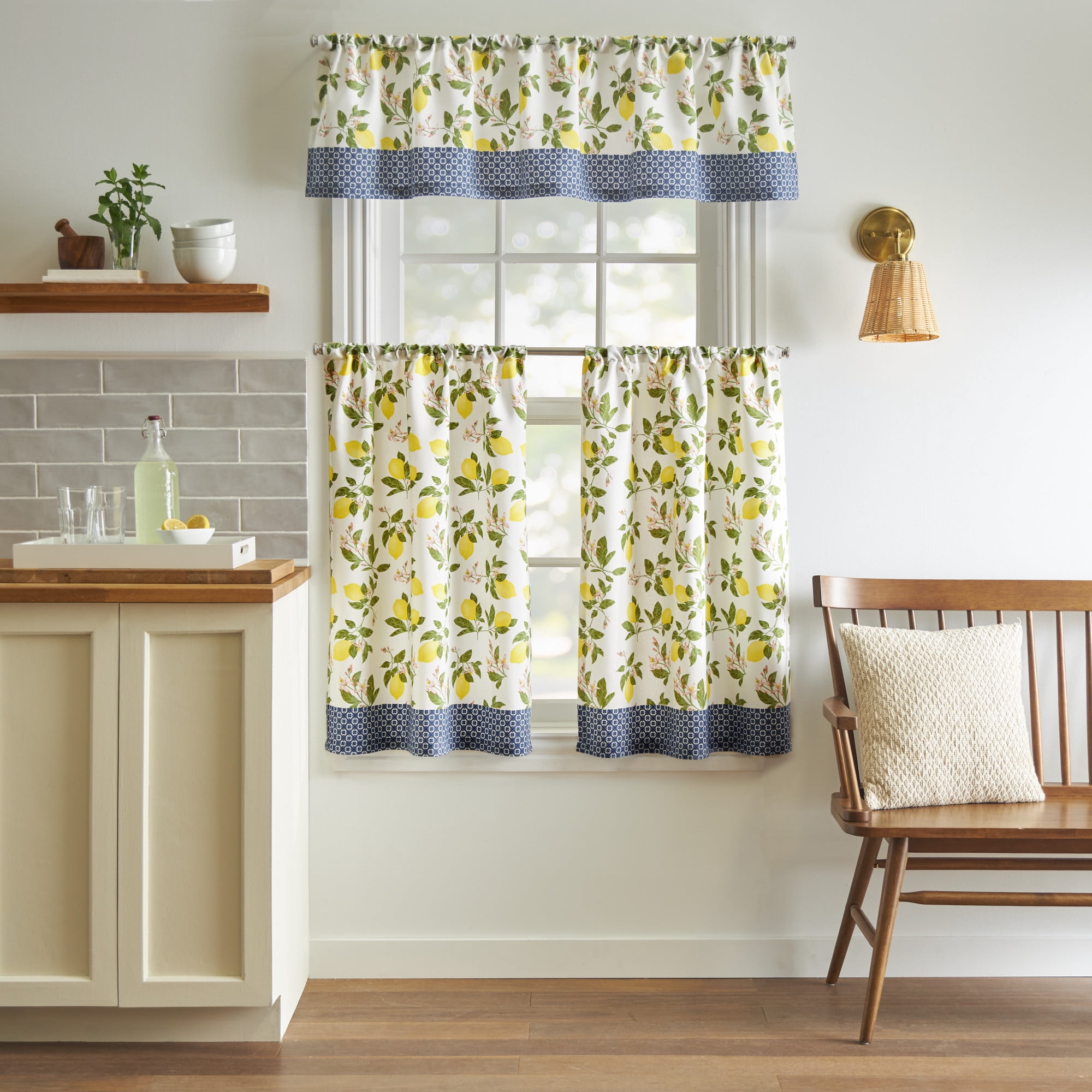 Martha Stewart Lemons 3 Piece Valance & Tier Set, Multicolor, Rod Pocket, Light Filtering, Indoor, Adult, 60" x 14"