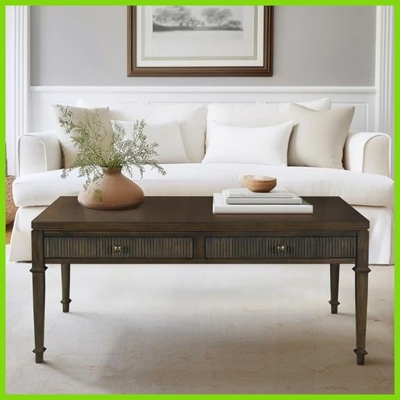 Martha Stewart Lily Pond Fluted 2-Drawer Coffee Table Coastal Style with Storage & Antique Brass Accents