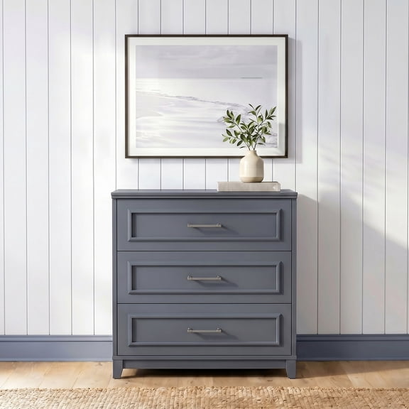 Martha Stewart Lily Pond Modular 3-Drawer Wooden Storage Media Cabinet with Gunmetal Hardware, Solid Wood Frame and Legs, Slate Blue